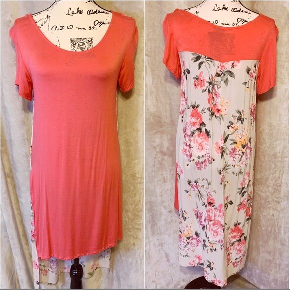 AGNES & DORA Coral and Floral Long Tunic Short Sleeve Spring Summer NEW - Picture 1 of 14